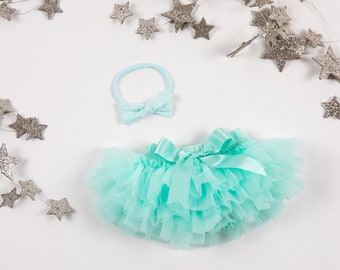 Baby Girl Tutu Bottom Bloomer & Nylon Bow Headband Set in Aqua / Mint - Newborn Photo - Baby Shower - Diaper Cover - Baby Girl - Birthday