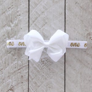 First Birthday &quot;One&quot; Removable Bow Headband in White and Gold - 1st Birthday - Cake Smash - Baby Girl - Birthday Gift - White Headband