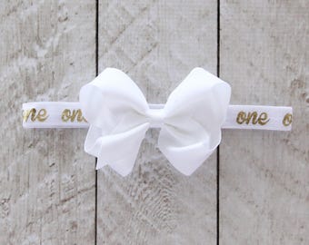 First Birthday "One" Removable Bow Headband in White and Gold - 1st Birthday - Cake Smash - Baby Girl - Birthday Gift - White Headband