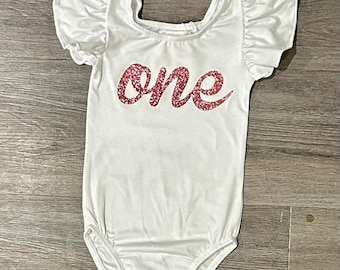 First Birthday "One" White Flutter Sleeve Leotard in your choice of 62 Glitter or Solid colors-Smash Cake Outfit-1st Birthday-Baby Bodysuit