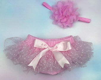 Baby Girl Ruffle Bottom Tutu Bloomer & Headband Set in Dot Pink - Newborn Photo Set - Cake Smash - Diaper Cover - Baby Gift - 1st Birthday