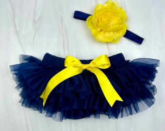 Baby Girl Ruffle Bottom Tutu Bloomer and Headband Set in Gold & Blue Newborn Photo Set-Cake Smash-Diaper Cover-Baby Gift - 1st Birthday