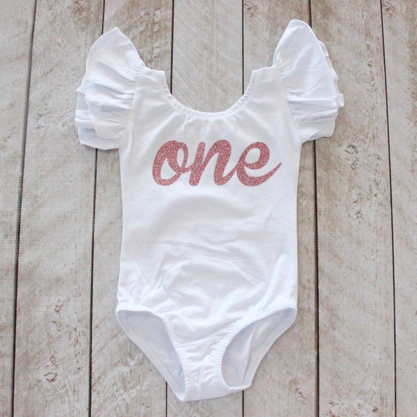 First Birthday "One" White Flutter Sleeve Leotard in your choice of 62  Glitter or Solid colors-Smash Cake Outfit-1st Birthday-Baby Leotard