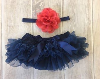 Baby Girl Ruffle Bottom Tutu Bloomer Headband Set in Navy Blue & Coral Flower - Newborn Photo Set - Cake Smash - Diaper Cover - Baby Gift