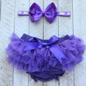 Baby Girl Ruffle Bottom Tutu Bloomer & Bow Headband Set in Purple and Gold - First Birthday Outfit - Cake Smash - One - 1st Birthday