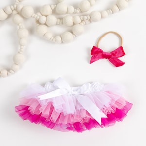Baby Girl Ruffle Bottom Tutu Bloomer & Hand Tied Velvet Bow Headband Set in Pink Ombre - Baby Shower - Cake Smash - Diaper Cover - Baby Girl