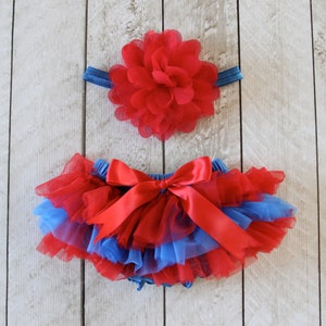 TEAM COLORS Baby Girl Ruffle Bottom Tutu Bloomer & Headband Set in Red and Royal Blue - Newborn Photo - Cake Smash - Diaper Cover -Baby Gift