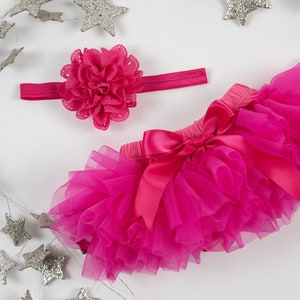 Baby Girl Ruffle Bottom Tutu Bloomer & Headband Set in Hot Pink Newborn Photo Set Cake Smash Diaper Cover Baby Gift First Birthday image 1