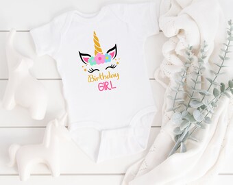 Birthday Girl Bodysuit - Unicorn -Smash Cake Outfit -Photo Shoot - Birthday Girl -White bodysuit with snap bottom