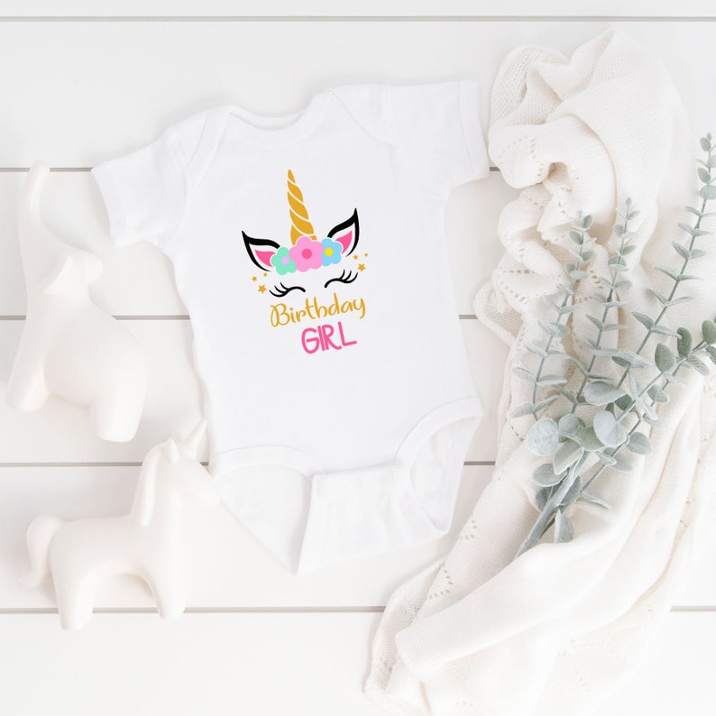 Birthday Girl Bodysuit Unicorn Smash Cake Outfit Photo Shoot Birthday Girl White bodysuit with snap bottom image 1