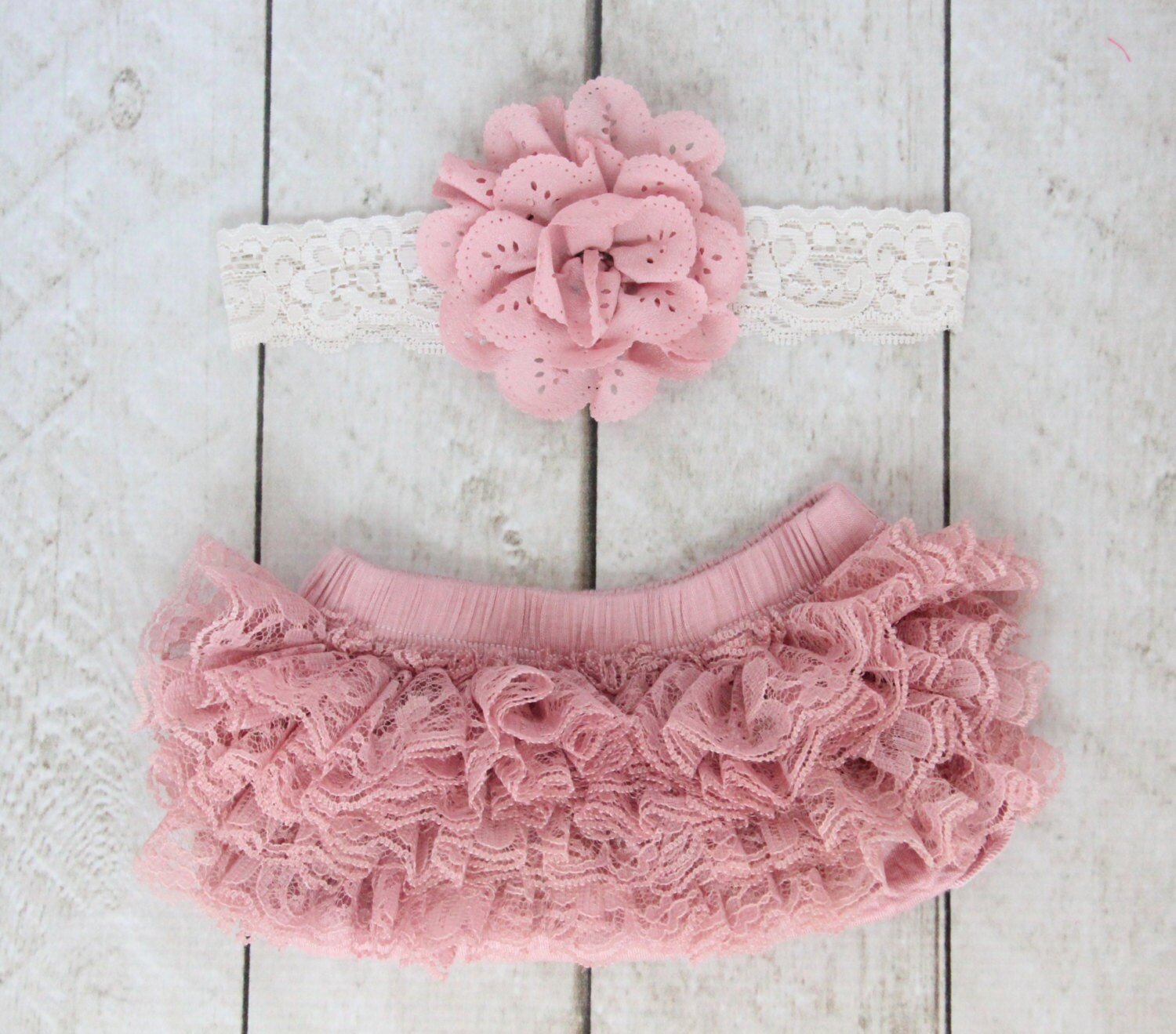 Baby Girl Ruffle Bottom Lace Bloomer & Headband Set in Mauve Etsy