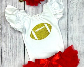 TEAM COLORS Baby Girl Football leotard, Ruffle Bottom Tutu Bloomer & Headband Set in Red and Gold-Diaper Cover-Baby Gift- game day