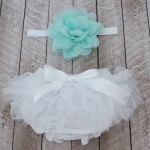 Baby Girl Ruffle Bottom Tutu Bloomer & Headband Set in White and Aqua - Newborn Photo Set - Cake Smash - Diaper Cover - Baby Gift