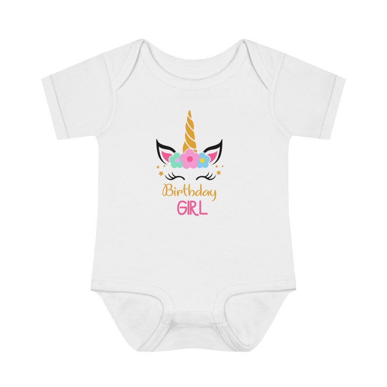 Birthday Girl Bodysuit Unicorn Smash Cake Outfit Photo Shoot Birthday Girl White bodysuit with snap bottom image 2