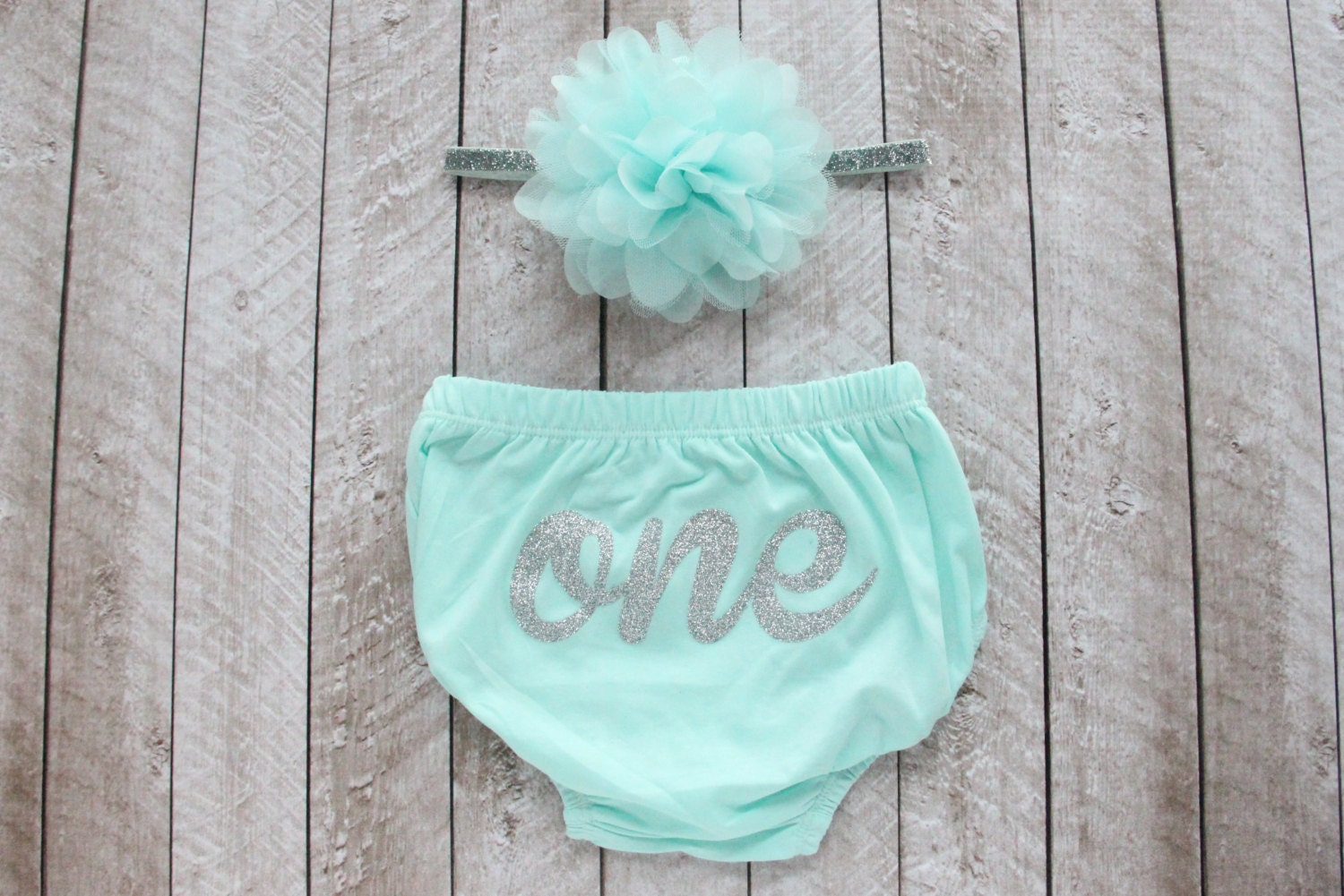 First Birthday "One" Diaper Cover & Headband Set in Aqua and Silver Glitter - Smash Cake Outfit - 1st Birthday - Baby Bloomer - Baby Girl
