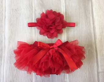 Baby Girl Ruffle Tutu Bloomer & Headband Set in Red - Newborn Photo Set - Cake Smash - Diaper Cover - Baby Gift - First Birthday - One