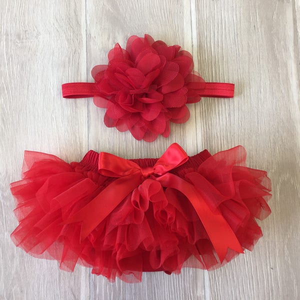 Baby Girl Ruffle Tutu Bloomer & Headband Set in Red - Newborn Photo Set - Cake Smash - Diaper Cover - Baby Gift - First Birthday - One