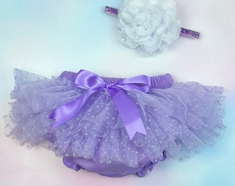 Baby Girl Ruffle Bottom Tutu Dot Bloomer & Headband Set in Lavender - Newborn Photo Set - Cake Smash- Diaper Cover- Baby Gift - 1st Birthday