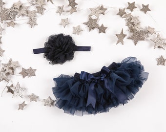 Baby Girl Ruffle Bottom Tutu Bloomer Headband Set in Navy Blue - Newborn Photo Set - Cake Smash - Diaper Cover - Baby Gift - First Birthday