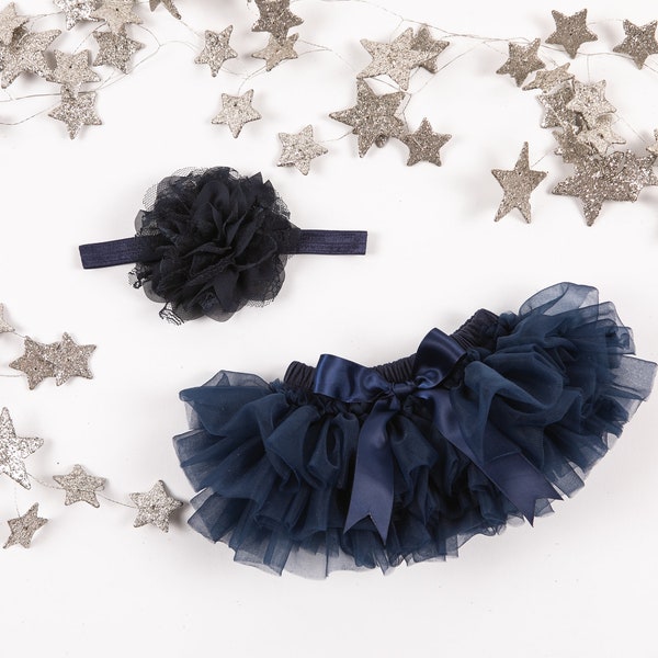 Baby Girl Ruffle Bottom Tutu Bloomer Headband Set in Navy Blue - Newborn Photo Set - Cake Smash - Diaper Cover - Baby Gift - First Birthday