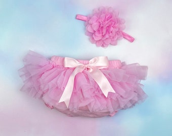 Baby Girl Ruffle Bottom Tutu Bloomer Headband Set in Pink - Newborn Photo Set - Cake Smash - Diaper Cover - Baby Gift - Birthday