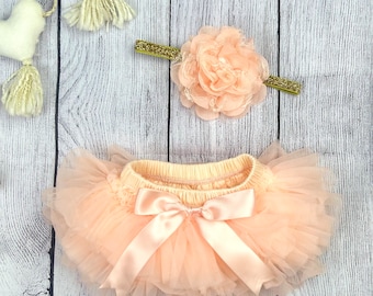 Baby Girl Ruffle Bottom Tutu Bloomer & Headband Set in Peach and Gold Glitter -Newborn Photo Set -Diaper Cover-Baby Gift -1st Birthday