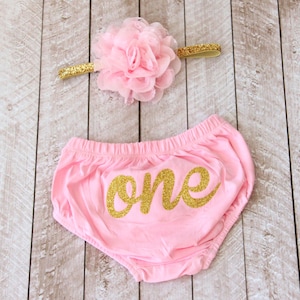 First Birthday &quot;One&quot; Diaper Cover & Headband Set in Pink and Gold Glitter - Smash Cake Outfit - 1st Birthday - Baby Bloomer - Baby Girl