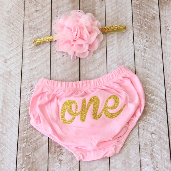 First Birthday "One" Diaper Cover & Headband Set in Pink and Gold Glitter - Smash Cake Outfit - 1st Birthday - Baby Bloomer - Baby Girl