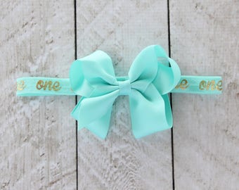 First Birthday "One" Removable Bow Headband in Aqua and Gold - 1st Birthday - Cake Smash - Baby Girl - Birthday Gift - Mint Headband