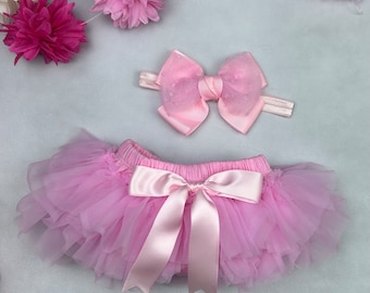 Baby Girl Tutu Bottom Bloomer & Nylon Hand Tied Velvet Bow Headband Set in Pink - Newborn Photo - Bloomers - Diaper Cover - Baby Girl