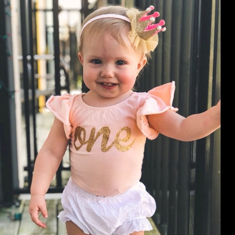 Peach First Birthday One Flutter Sleeve Leotard in Gold or Silver Glitter-Smash Cake Outfit-Photo Shoot 1st Birthday, also in Long Sleeve image 2