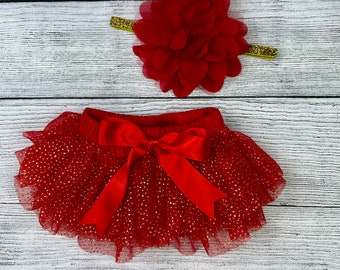 Baby Girl Ruffle Bottom Tutu Bloomer & Headband Set in Red Glitter- Newborn Photo Set - Cake Smash - Diaper Cover- Baby Gift - 1st Birthday