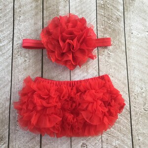 Baby Girl Ruffle Bottom Bloomer & Headband Set in Red Newborn Photo Set Infant Bloomers Diaper Cover Baby Gift by Couture Flower image 2