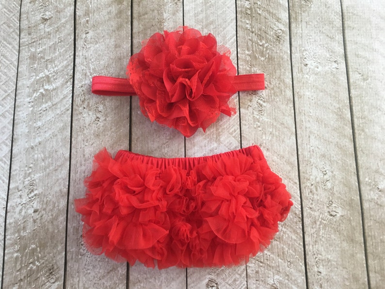 Baby Girl Ruffle Bottom Bloomer & Headband Set in Red Newborn Photo Set Infant Bloomers Diaper Cover Baby Gift by Couture Flower image 2