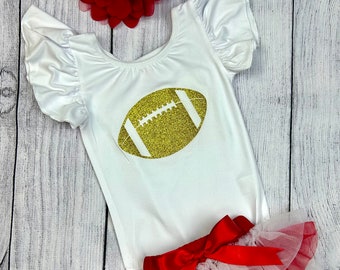 TEAM COLORS Baby Girl Football leotard, Ruffle Bottom Tutu Bloomer & Headband Set in Red, white and Gold-Diaper Cover-Baby Gift- game day