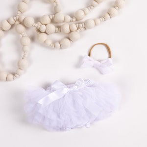 Baby Girl Tutu Bottom Bloomer & Nylon Hand Tied Velvet Bow Headband Set in White - Newborn Photos - Tutu Bloomers - Diaper Cover - Baby Girl