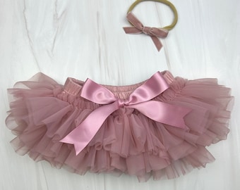 Baby Girl Tutu Bloomer & velvet Headband Set in Mauve - Newborn Photo - Infant Bloomers - Diaper Cover - Baby Gift - Nylon Headband - Girl