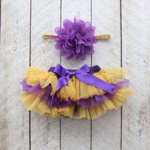 TEAM COLORS Baby Girl Ruffle Bottom Tutu Bloomer & Headband Set in Purple and Yellow Gold - Newborn - Cake Smash - Diaper Cover - Baby Gift