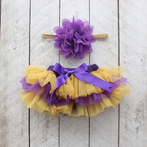 TEAM COLORS Baby Girl Ruffle Bottom Tutu Bloomer & Headband Set in Purple and Yellow Gold - Newborn - Cake Smash - Diaper Cover - Baby Gift