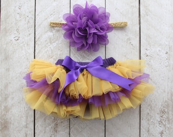 TEAM COLORS Baby Girl Ruffle Bottom Tutu Bloomer & Headband Set in Purple and Yellow Gold - Newborn - Cake Smash - Diaper Cover - Baby Gift