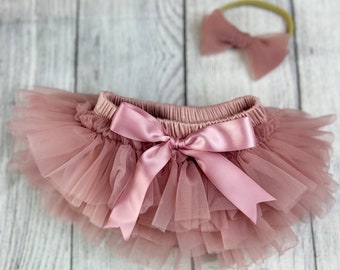 Baby Girl Tutu Bloomer & Chiffon Headband Set in Mauve - Newborn Photo - Infant Bloomers - Diaper Cover - Baby Gift - Nylon Headband - Girl