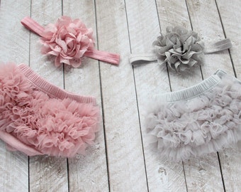 TWINS Baby Girl Ruffle Bloomer & Headband Sets in Mauve and Gray - Newborn Photo - Infant Bloomers - Diaper Cover - Baby Gift - 1st Birthday