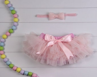 Light Pink Baby Girl Ruffle Bottom Tutu Bloomer & Headband Set Gold - Newborn - Cake Smash - Diaper Cover - Baby Gift - 1st Birthday