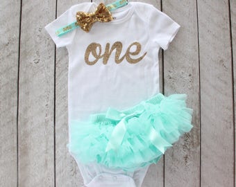 First Birthday Gold Glitter "one" Bodysuit, Tutu Bloomer & Sequin Bow Headband Set in Aqua - 1st Birthday Outfit - Cake Smash - Baby Girl