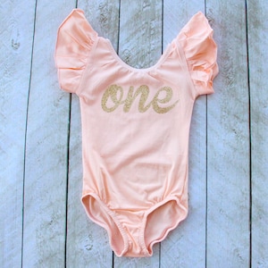 Peach First Birthday &quot;One&quot; Flutter Sleeve Leotard in Gold or Silver Glitter-Smash Cake Outfit-Photo Shoot- 1st Birthday, also in Long Sleeve