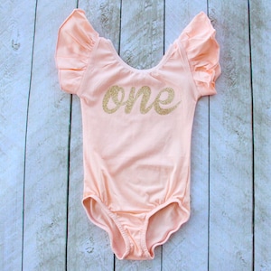 Peach First Birthday One Flutter Sleeve Leotard in Gold or Silver Glitter-Smash Cake Outfit-Photo Shoot 1st Birthday, also in Long Sleeve image 1