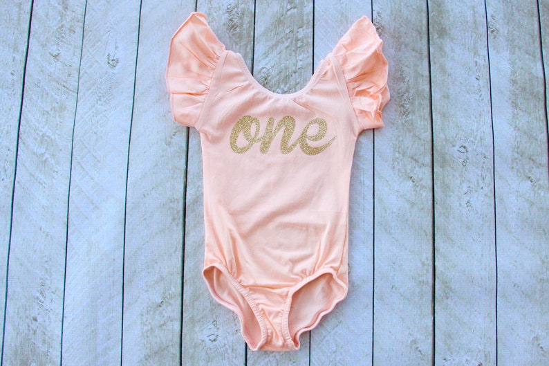 Peach First Birthday One Flutter Sleeve Leotard in Gold or Silver Glitter-Smash Cake Outfit-Photo Shoot 1st Birthday, also in Long Sleeve image 1