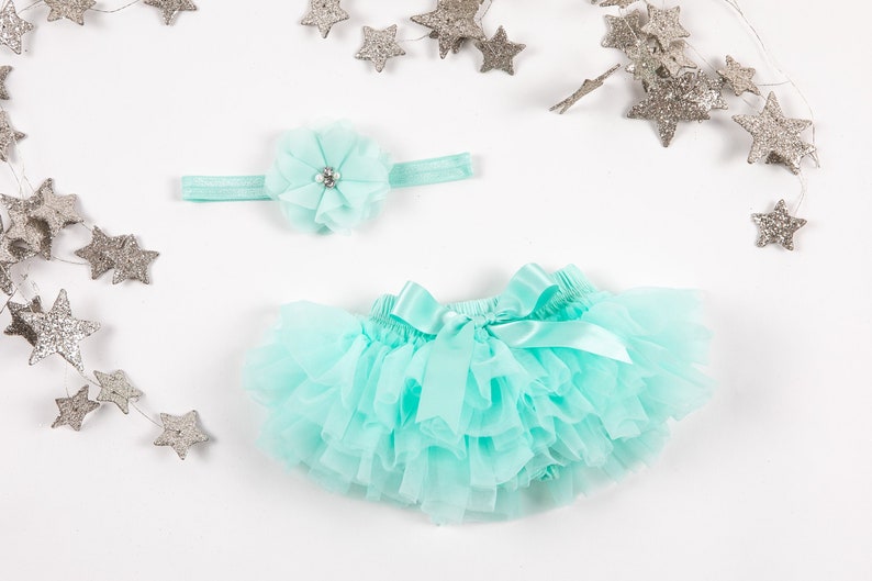 Baby Girl Ruffle Bottom Tutu Bloomer & Headband Set in Aqua / Mint - Newborn Photo - Cake Smash - Diaper Cover - Baby Gift - First Birthday 