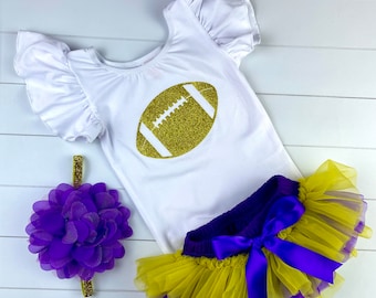TEAM COLORS Baby Girl Football leotard, Ruffle Bottom Tutu Bloomer & Headband Set in Purple and Yellow Gold-Diaper Cover-Baby Gift- game day