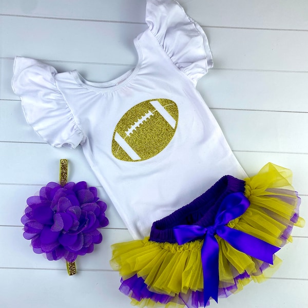 TEAM COLORS Baby Girl Football leotard, Ruffle Bottom Tutu Bloomer & Headband Set in Purple and Yellow Gold-Diaper Cover-Baby Gift- game day